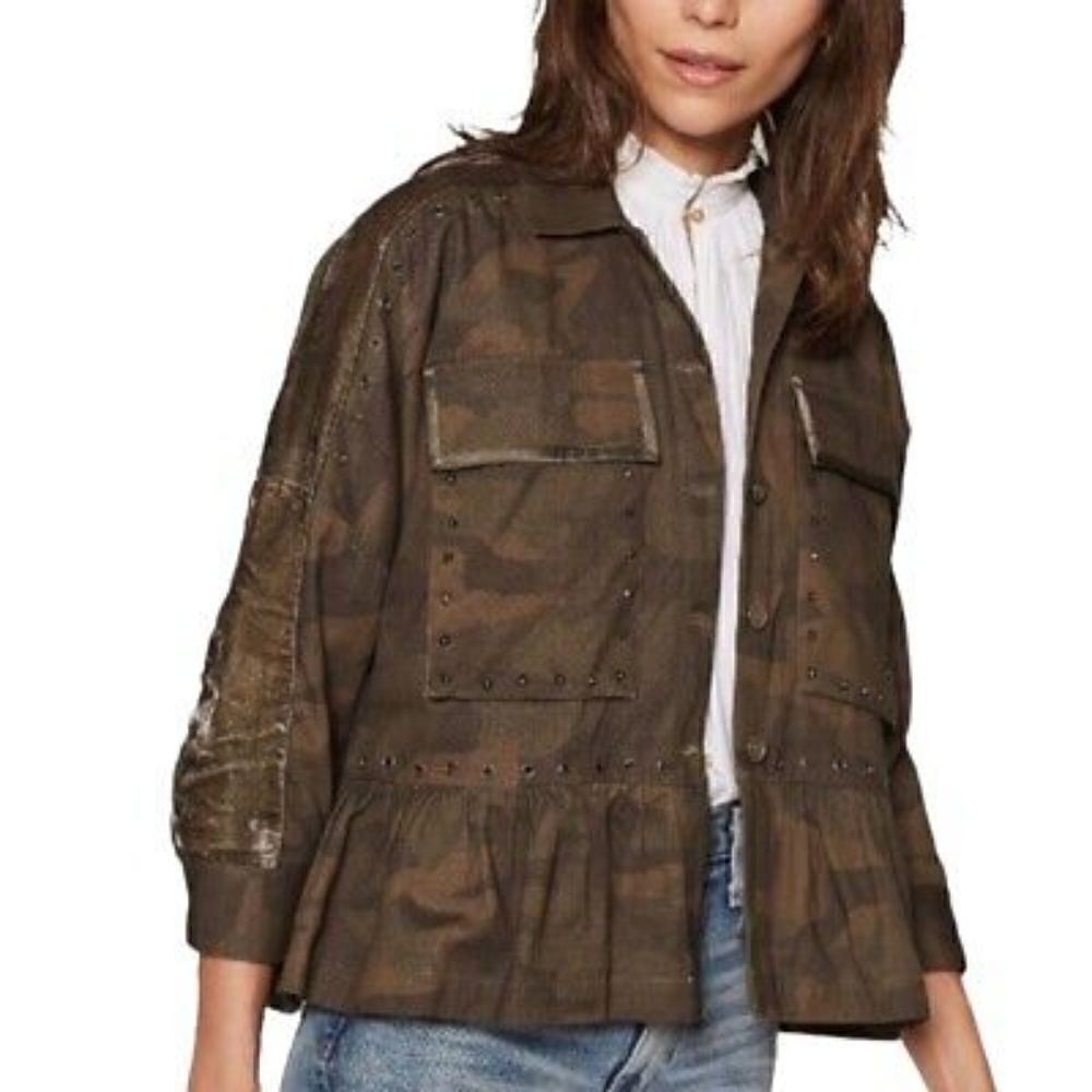 Joie Camo Fatigue Ruffle Peplum Jacket M Rebel Punk Rock Grunge Moto Streetwear